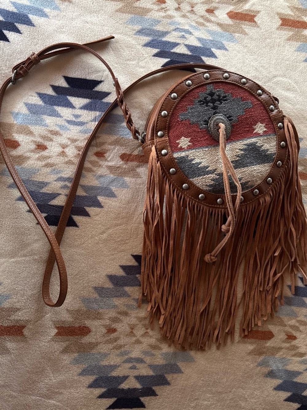 Shyanne Fringed Round Crossbody Bag with Aztec Textile Panel - Brown - Picture 4 of 4